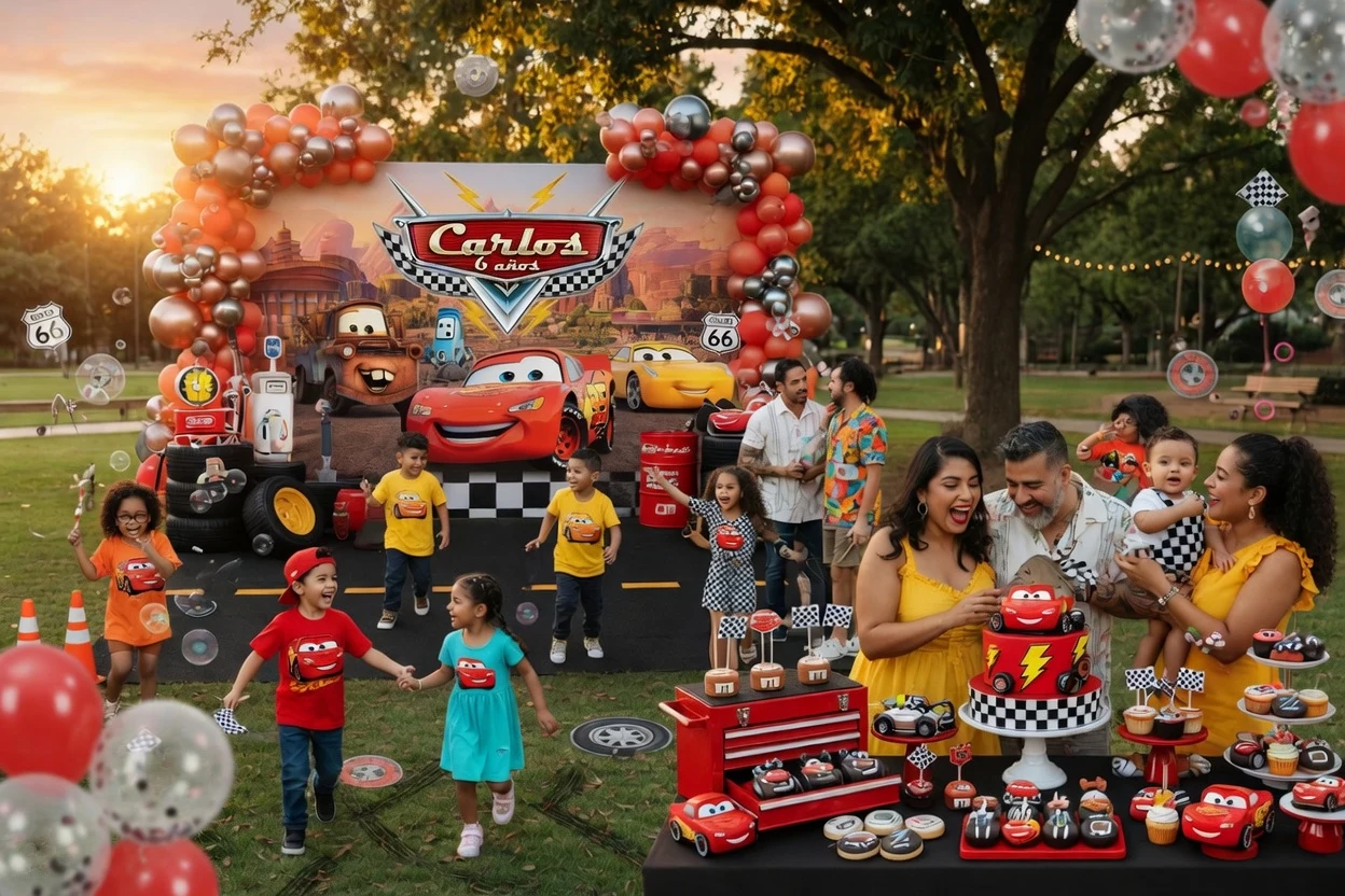 Disney Pixar Cars themed birthday party with Lightning McQueen and Mack truck setup in Miami