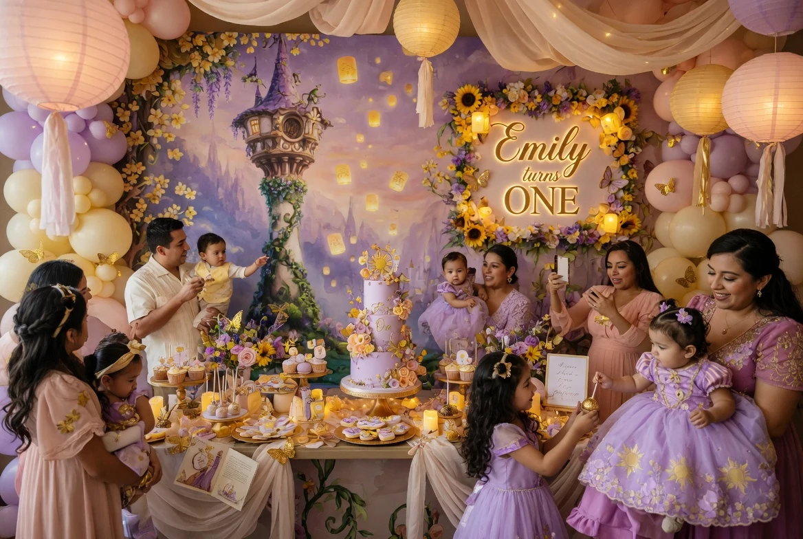 Tangled / Enredados themed birthday party with Rapunzel, lanterns and purple-gold palette in Miami