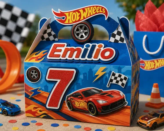 Custom Hot Wheels-themed Party Treat Box personalized for kids birthday parties in Miami