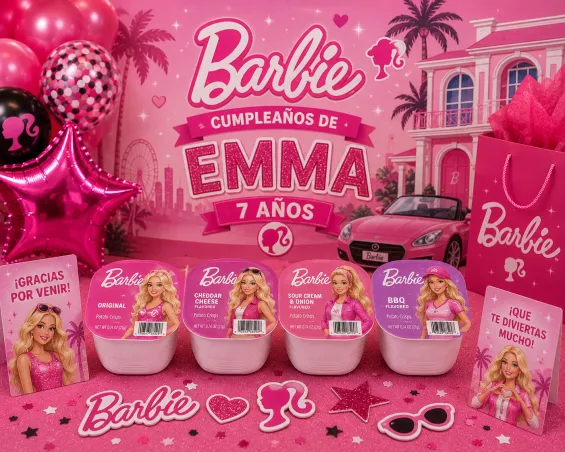 Custom Barbie-themed Mini Pringles Cup personalized for kids birthday parties in Miami