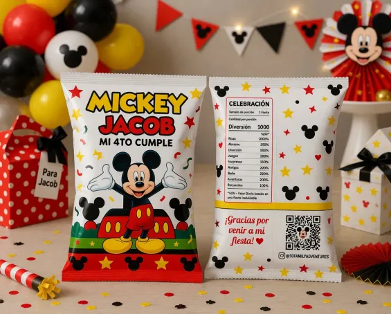 Custom Mickey Mouse-themed Lays Chip Bags personalized for kids birthday parties in Miami