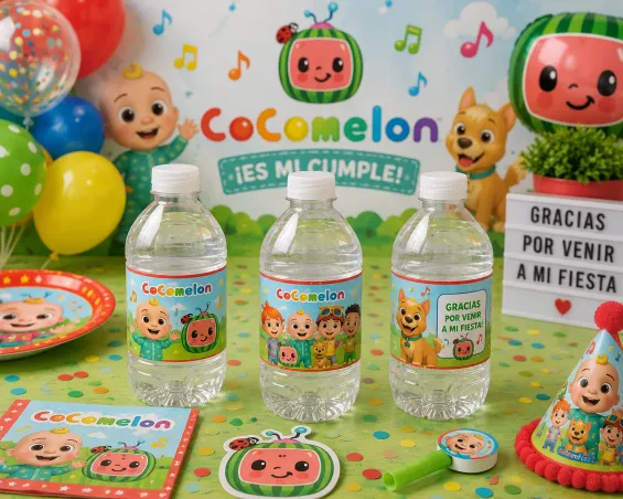 Custom Cocomelon-themed Water Bottle Labels personalized for kids birthday parties in Miami