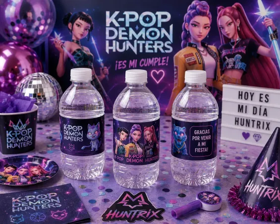 Custom K-Pop Demon Hunters-themed Water Bottle Labels personalized for kids birthday parties in Miami