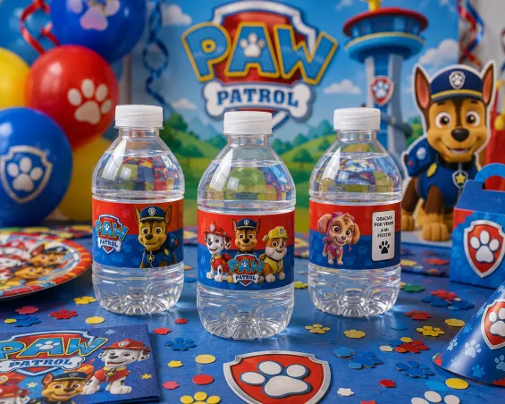 Custom Paw Patrol-themed Water Bottle Labels personalized for kids birthday parties in Miami