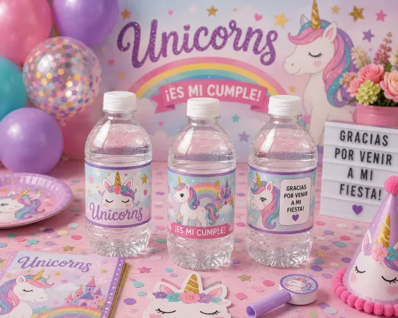 Custom Unicorn-themed Water Bottle Labels personalized for kids birthday parties in Miami